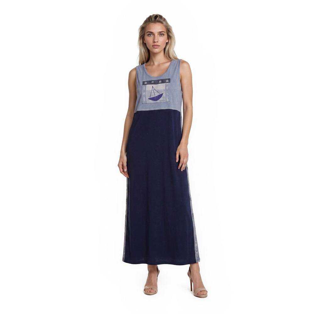 Vintage Maxi Dress Women's Size Small Blue Nautical Sailboat Colorblock